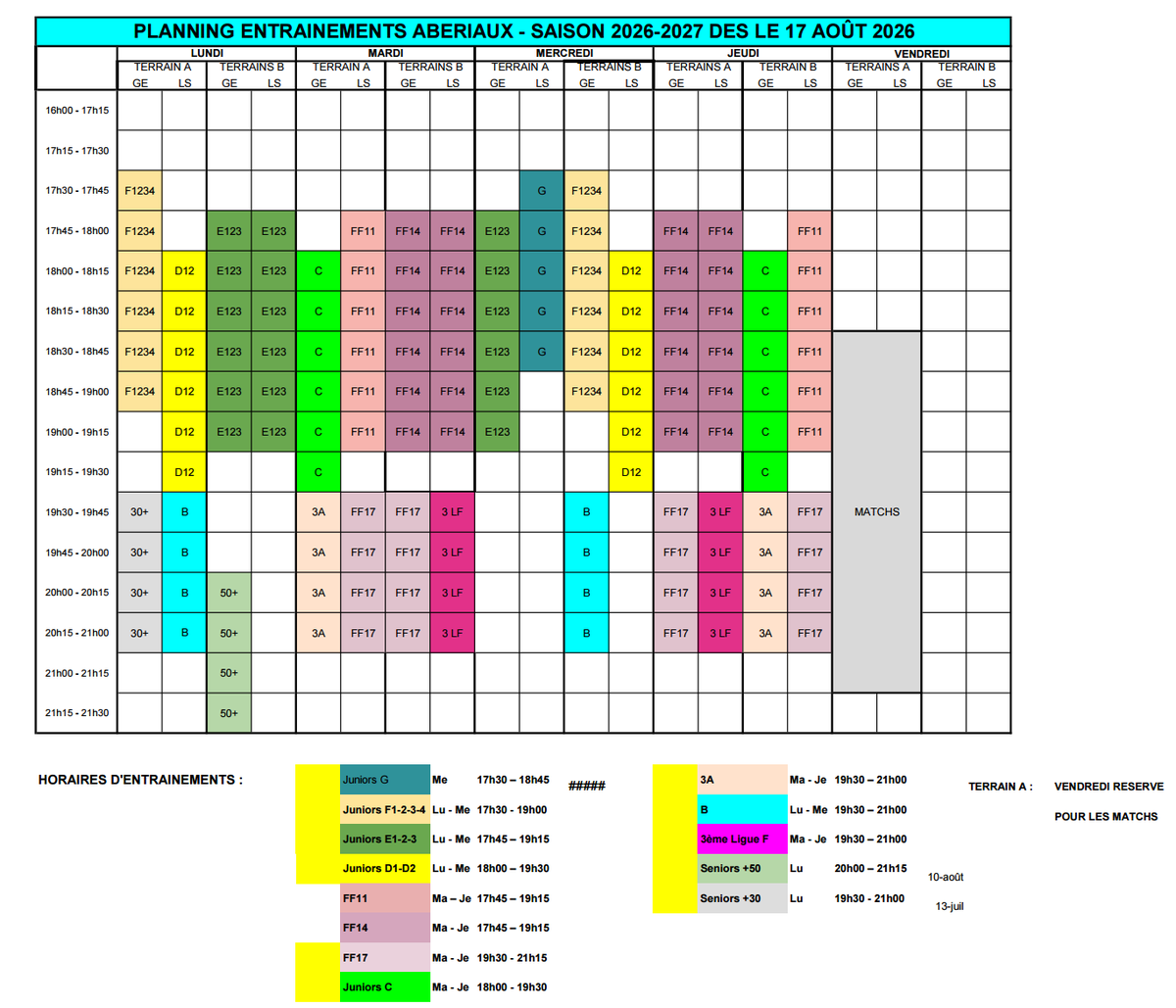 Planning des entraînements aux Abériaux 2026-2027